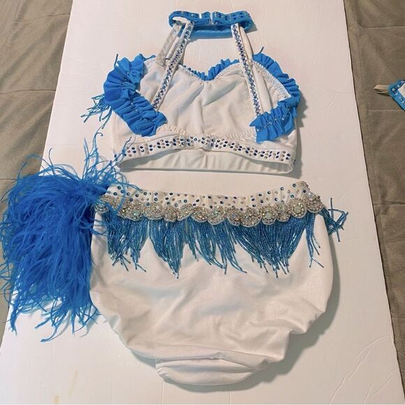 Custom solo Glamorous dance costume white blue 2 piece embellished lyrical XSA - Picture 5 of 15